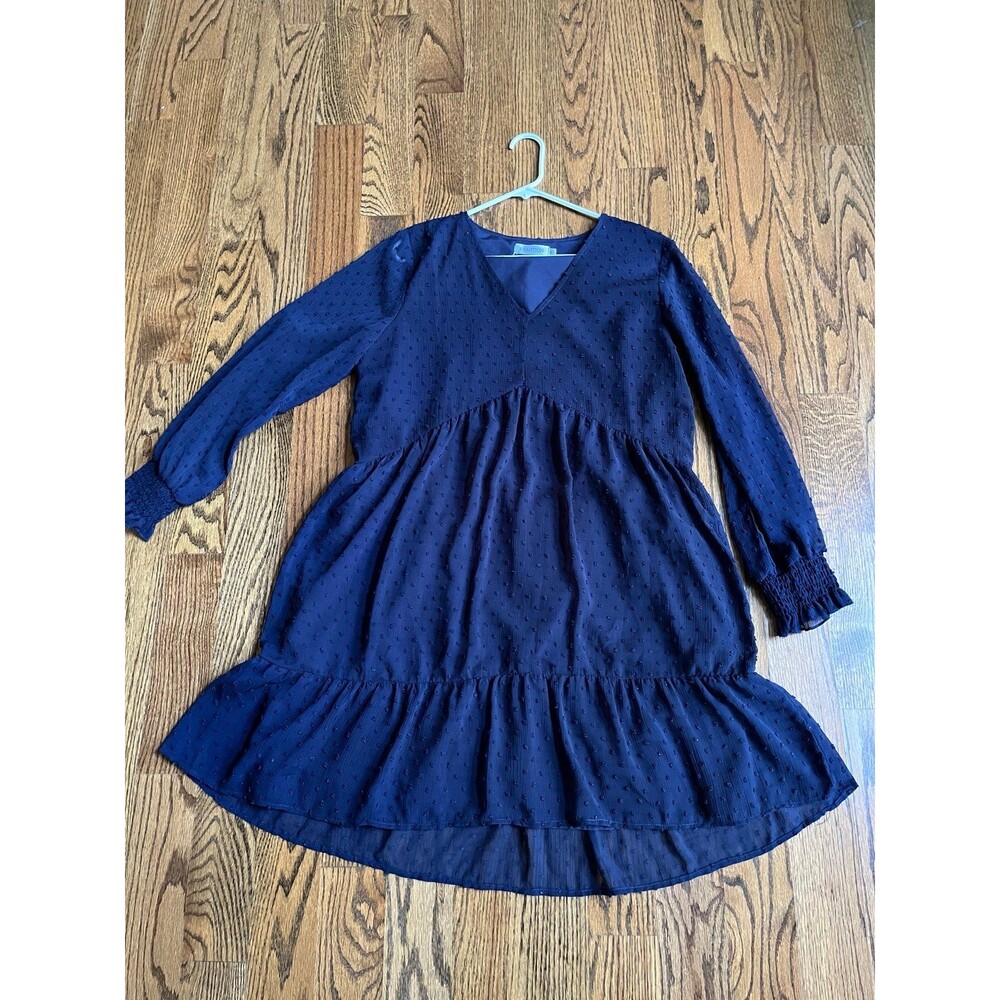 FAMITION Swiss Dot Dress V Neck Tunic Dress Casual Ruffle Swing Chiffon Large